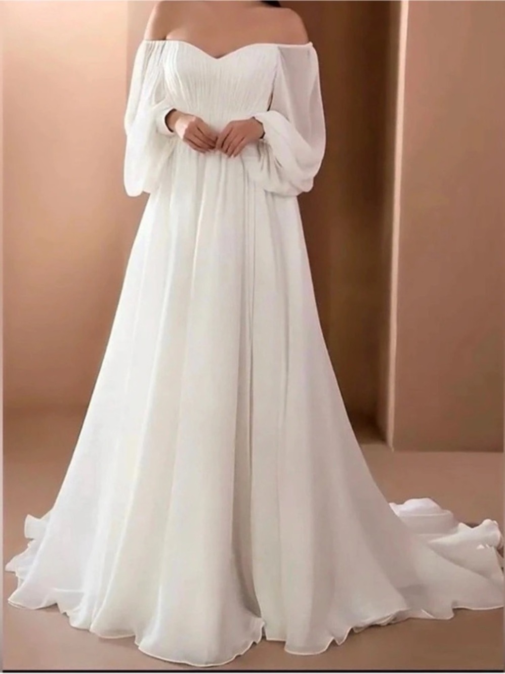 Bridal Off-the-Shoulder Chiffon A-Line Gown with Pleated Bodice
